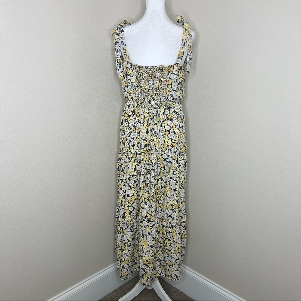 Social Standard by Sanctuary Black Yellow Floral Shoulder Tie Smocked Midi Dress - Picture 8 of 13